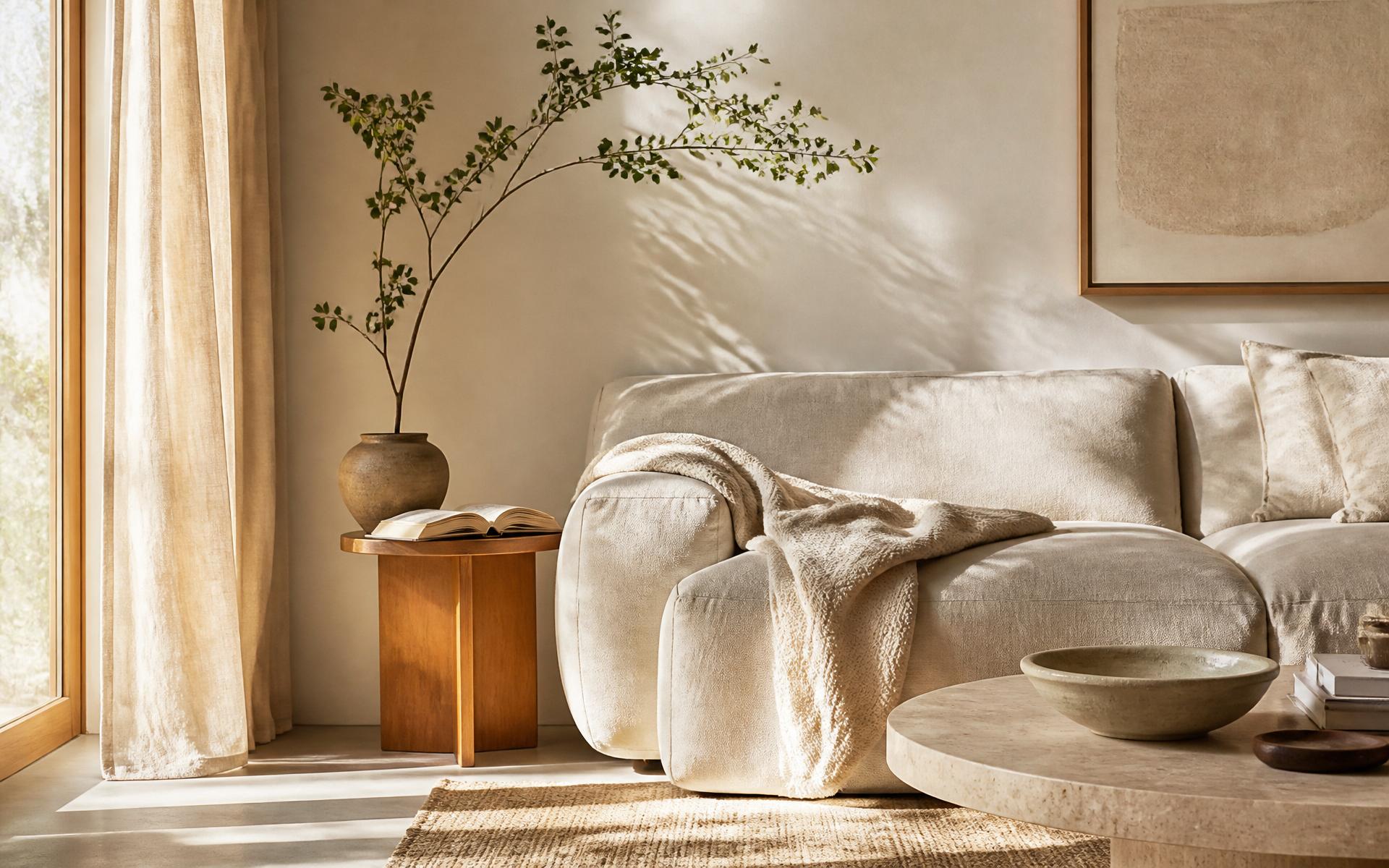 A softly lit modern living room styled with Arelva pieces